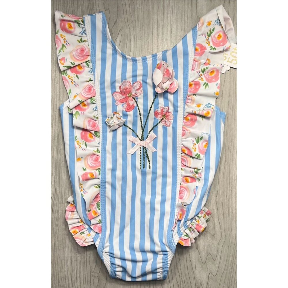 Mud Pie blue stripe floral bathing swim suit 12m 18m pink UPF 50 NWT 1 pc ruffle